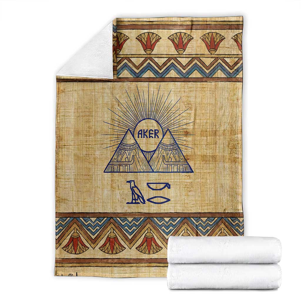 Aker Ancient Egyptian Blanket with Hieroglyphic Pattern, Pyramid Symbol, and Twin Lion Guardians Motif - African Pride