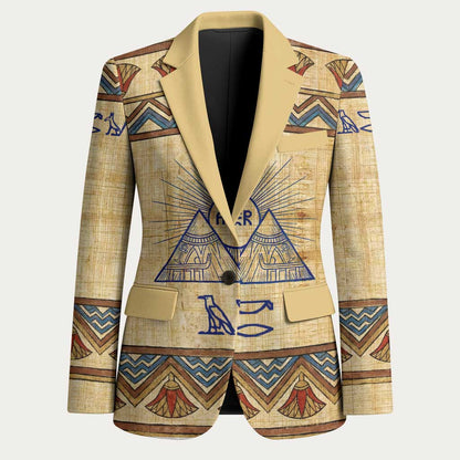 Aker Ancient Egyptian Blazer with Hieroglyphic Pattern, Pyramid Symbol, and Twin Lion Guardians Motif - African Pride