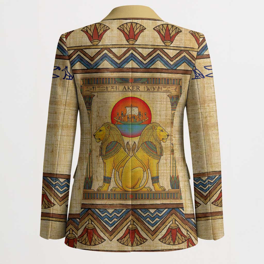 Aker Ancient Egyptian Blazer with Hieroglyphic Pattern, Pyramid Symbol, and Twin Lion Guardians Motif - African Pride