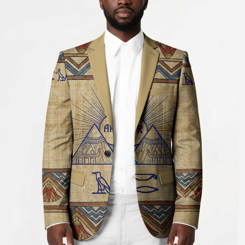 Aker Ancient Egyptian Blazer with Hieroglyphic Pattern, Pyramid Symbol, and Twin Lion Guardians Motif - African Pride