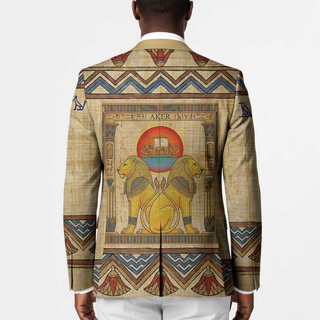 Aker Ancient Egyptian Blazer with Hieroglyphic Pattern, Pyramid Symbol, and Twin Lion Guardians Motif - African Pride