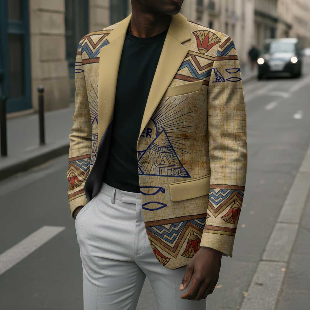 Aker Ancient Egyptian Blazer with Hieroglyphic Pattern, Pyramid Symbol, and Twin Lion Guardians Motif - African Pride