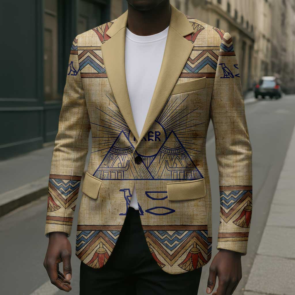 Aker Ancient Egyptian Blazer with Hieroglyphic Pattern, Pyramid Symbol, and Twin Lion Guardians Motif - African Pride