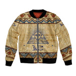 Aker Ancient Egyptian Bomber Jacket with Hieroglyphic Pattern, Pyramid Symbol, and Twin Lion Guardians Motif - African Pride