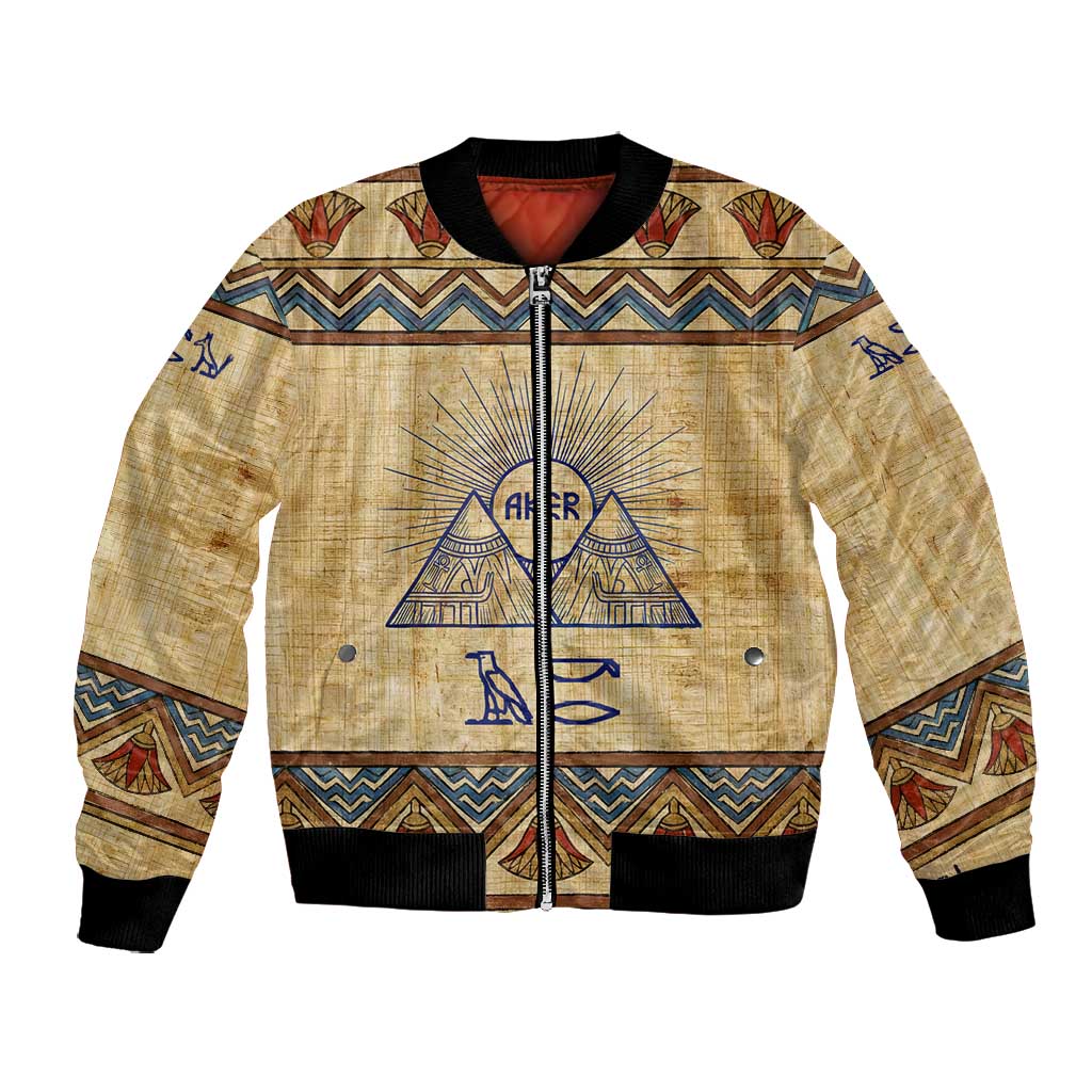 Aker Ancient Egyptian Bomber Jacket with Hieroglyphic Pattern, Pyramid Symbol, and Twin Lion Guardians Motif - African Pride