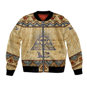 Aker Ancient Egyptian Bomber Jacket with Hieroglyphic Pattern, Pyramid Symbol, and Twin Lion Guardians Motif - African Pride