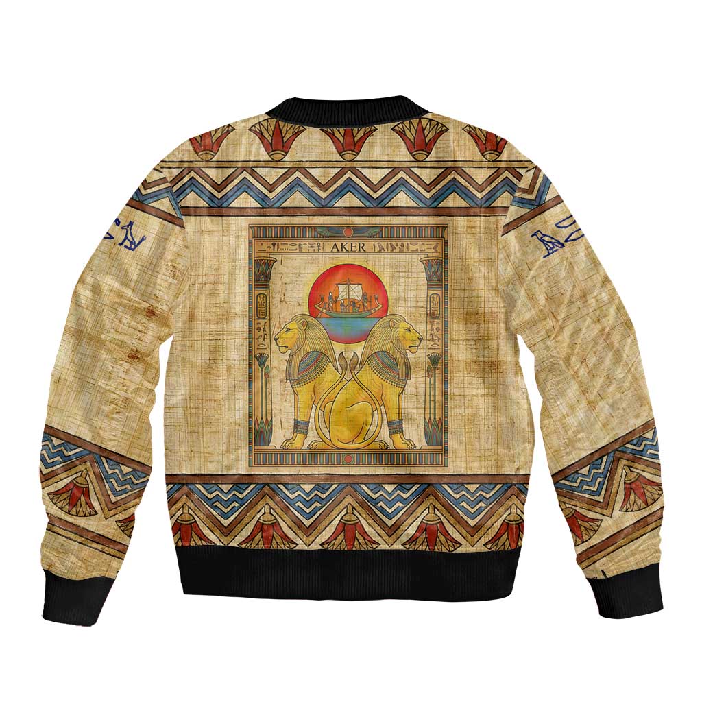 Aker Ancient Egyptian Bomber Jacket with Hieroglyphic Pattern, Pyramid Symbol, and Twin Lion Guardians Motif - African Pride