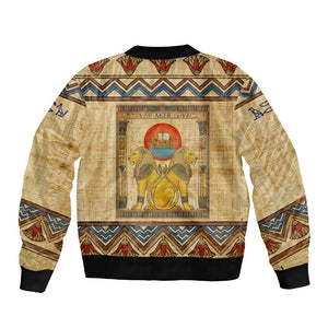 Aker Ancient Egyptian Bomber Jacket with Hieroglyphic Pattern, Pyramid Symbol, and Twin Lion Guardians Motif - African Pride