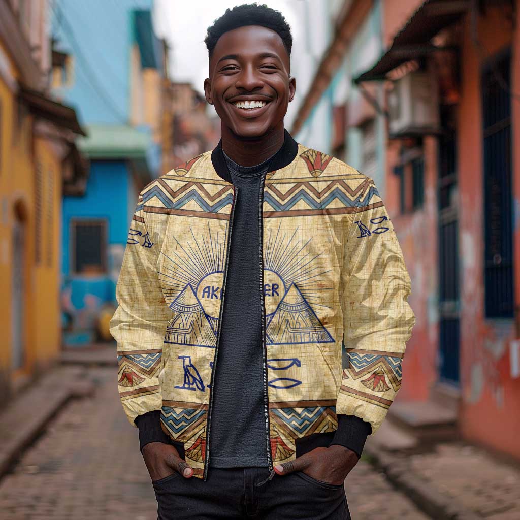 Aker Ancient Egyptian Bomber Jacket with Hieroglyphic Pattern, Pyramid Symbol, and Twin Lion Guardians Motif - African Pride