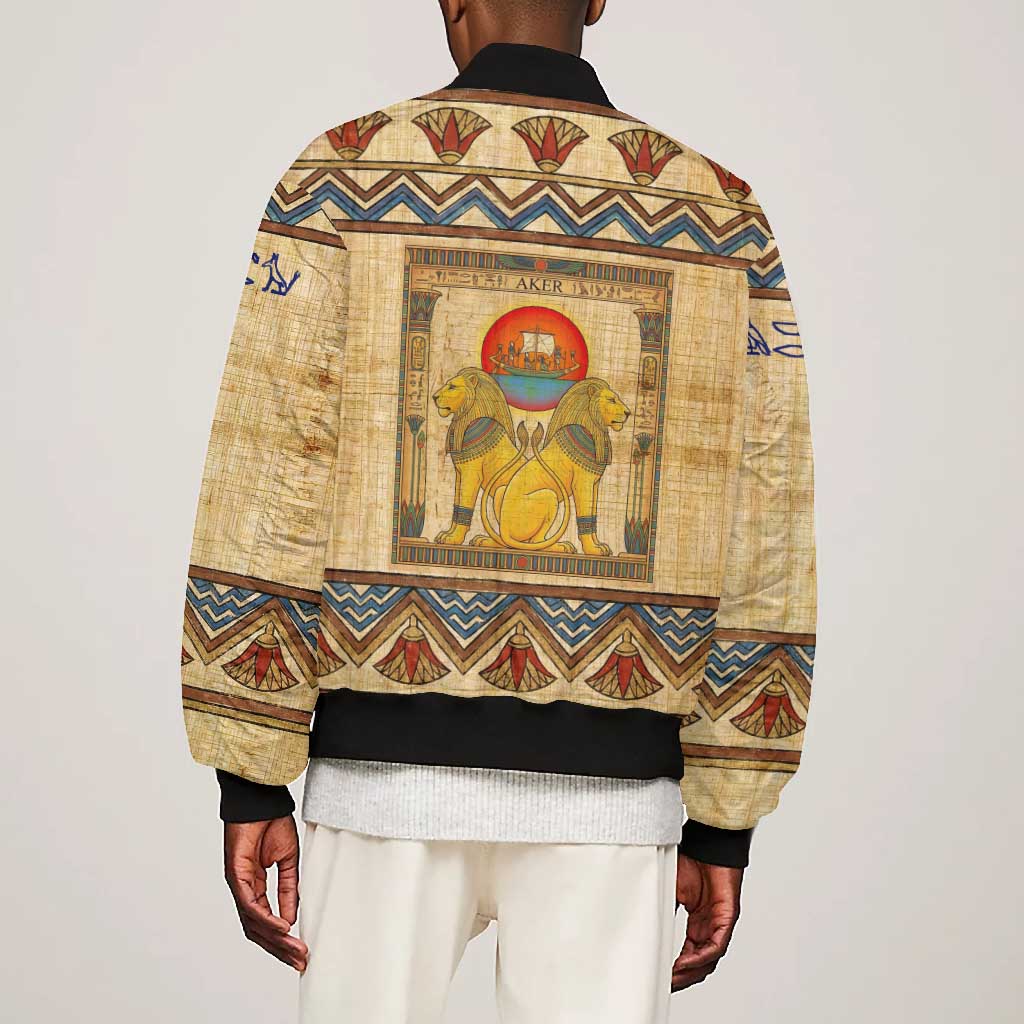 Aker Ancient Egyptian Bomber Jacket with Hieroglyphic Pattern, Pyramid Symbol, and Twin Lion Guardians Motif - African Pride