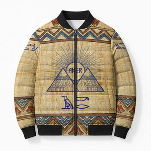 Aker Ancient Egyptian Bomber Puffer Jacket with Hieroglyphic Pattern, Pyramid Symbol, and Twin Lion Guardians Motif - African Pride