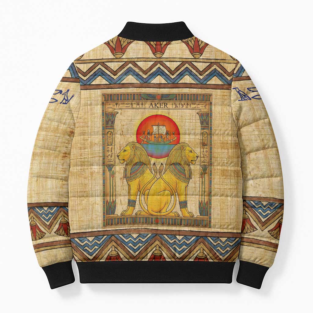 Aker Ancient Egyptian Bomber Puffer Jacket with Hieroglyphic Pattern, Pyramid Symbol, and Twin Lion Guardians Motif - African Pride