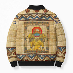 Aker Ancient Egyptian Bomber Puffer Jacket with Hieroglyphic Pattern, Pyramid Symbol, and Twin Lion Guardians Motif - African Pride