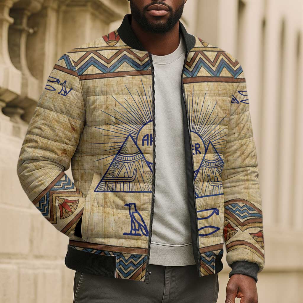Aker Ancient Egyptian Bomber Puffer Jacket with Hieroglyphic Pattern, Pyramid Symbol, and Twin Lion Guardians Motif - African Pride