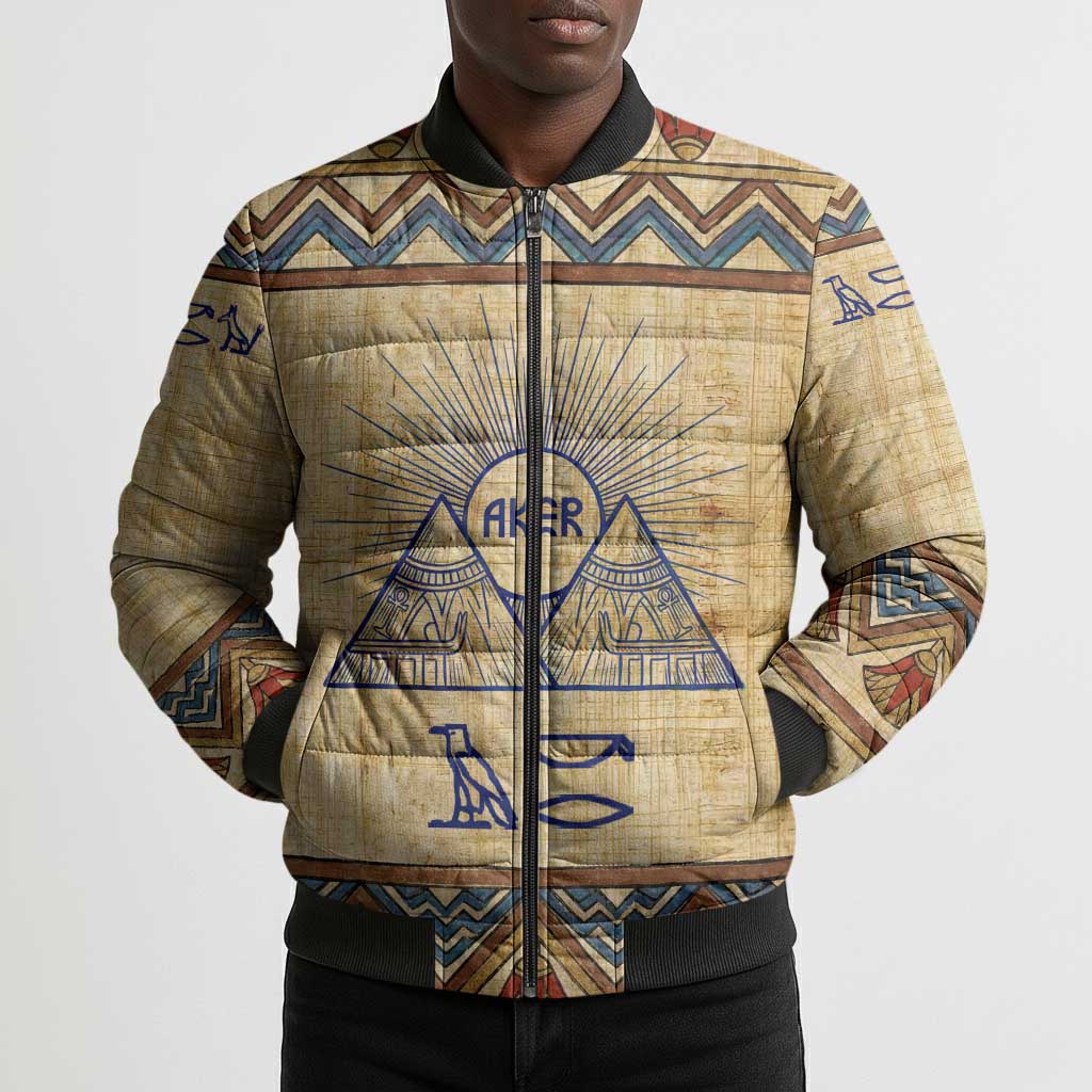 Aker Ancient Egyptian Bomber Puffer Jacket with Hieroglyphic Pattern, Pyramid Symbol, and Twin Lion Guardians Motif - African Pride