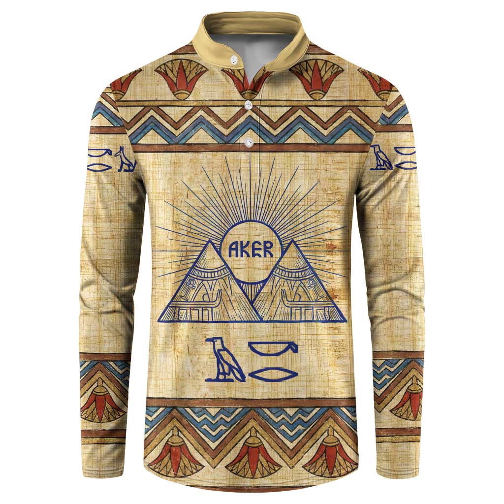 Aker Ancient Egyptian Button Sweatshirt with Hieroglyphic Pattern, Pyramid Symbol, and Twin Lion Guardians Motif
