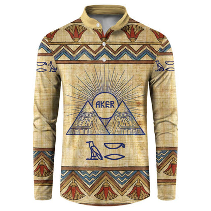 Aker Ancient Egyptian Button Sweatshirt with Hieroglyphic Pattern, Pyramid Symbol, and Twin Lion Guardians Motif