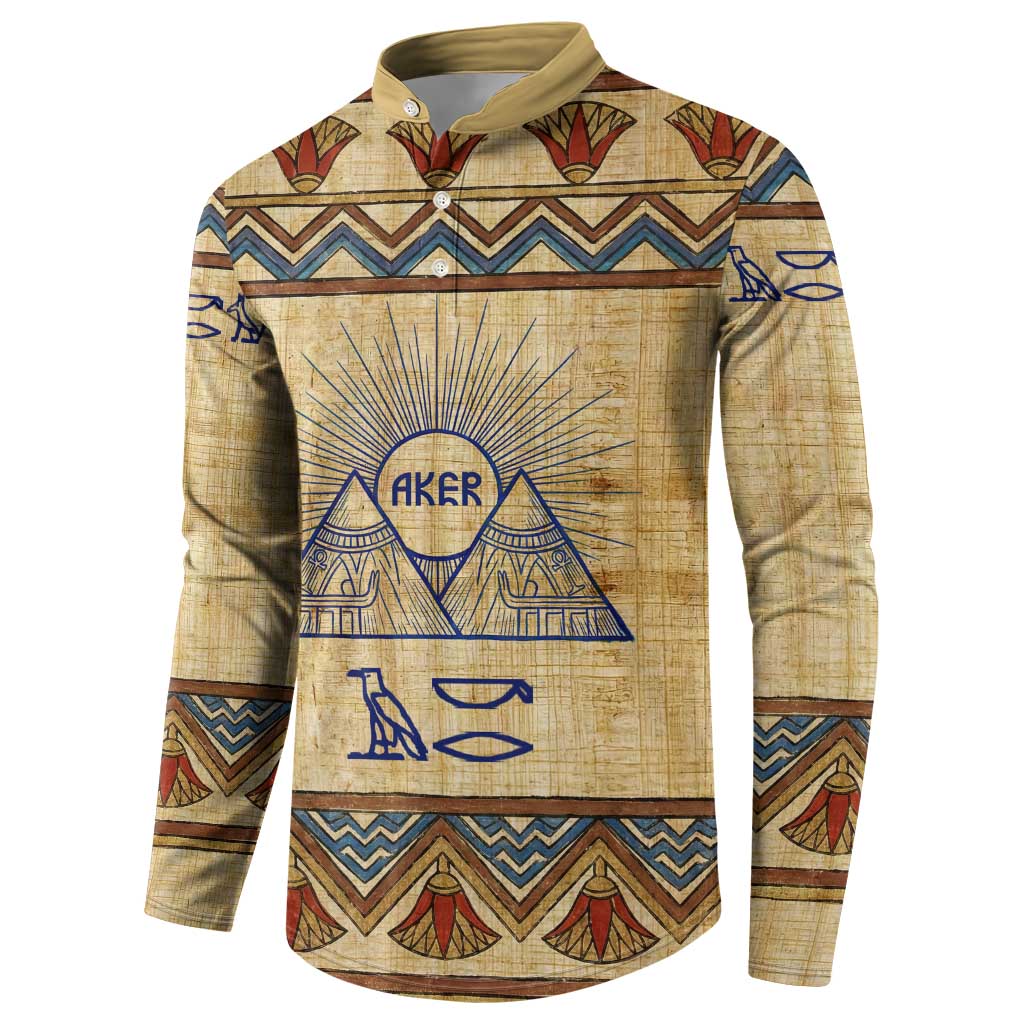 Aker Ancient Egyptian Button Sweatshirt with Hieroglyphic Pattern, Pyramid Symbol, and Twin Lion Guardians Motif