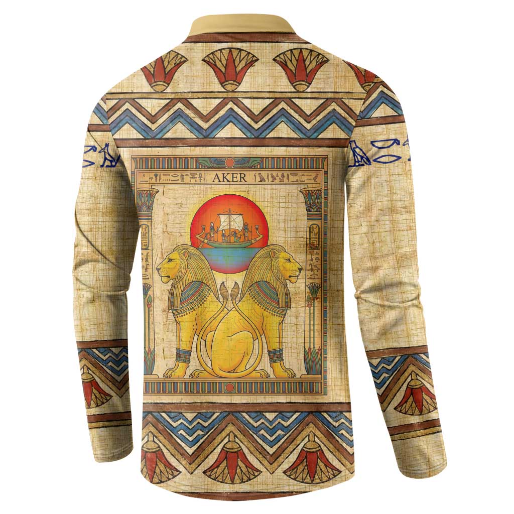 Aker Ancient Egyptian Button Sweatshirt with Hieroglyphic Pattern, Pyramid Symbol, and Twin Lion Guardians Motif