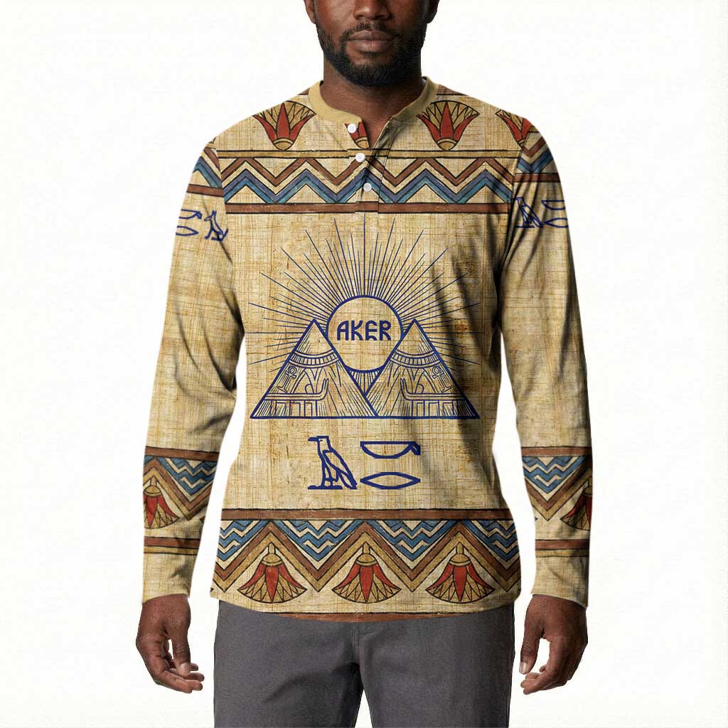 Aker Ancient Egyptian Button Sweatshirt with Hieroglyphic Pattern, Pyramid Symbol, and Twin Lion Guardians Motif