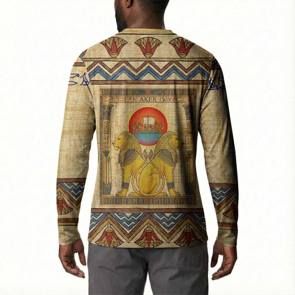 Aker Ancient Egyptian Button Sweatshirt with Hieroglyphic Pattern, Pyramid Symbol, and Twin Lion Guardians Motif