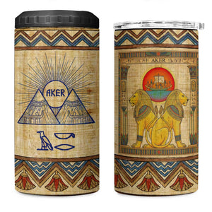 Aker Ancient Egyptian 4 in 1 Can Cooler Tumbler with Hieroglyphic Pattern, Pyramid Symbol, and Twin Lion Guardians Motif - African Pride