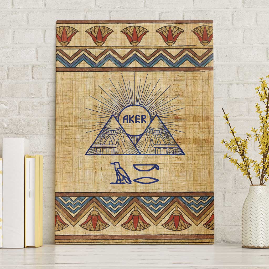 Aker Ancient Egyptian Canvas Wall Art with Hieroglyphic Pattern, Pyramid Symbol, and Twin Lion Guardians Motif - African Pride