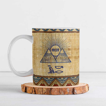 Aker Ancient Egyptian Ceramic Mug with Hieroglyphic Pattern, Pyramid Symbol, and Twin Lion Guardians Motif - African Pride
