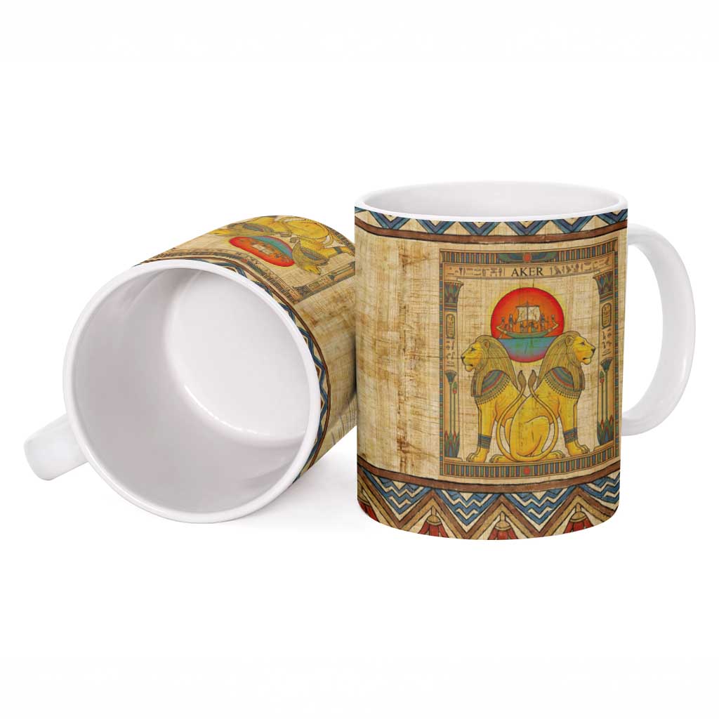 Aker Ancient Egyptian Ceramic Mug with Hieroglyphic Pattern, Pyramid Symbol, and Twin Lion Guardians Motif - African Pride