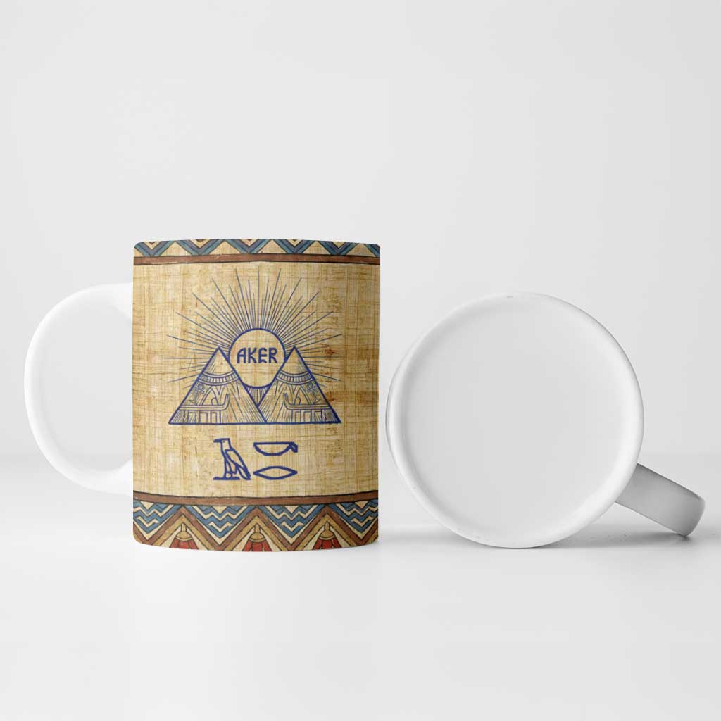 Aker Ancient Egyptian Ceramic Mug with Hieroglyphic Pattern, Pyramid Symbol, and Twin Lion Guardians Motif - African Pride