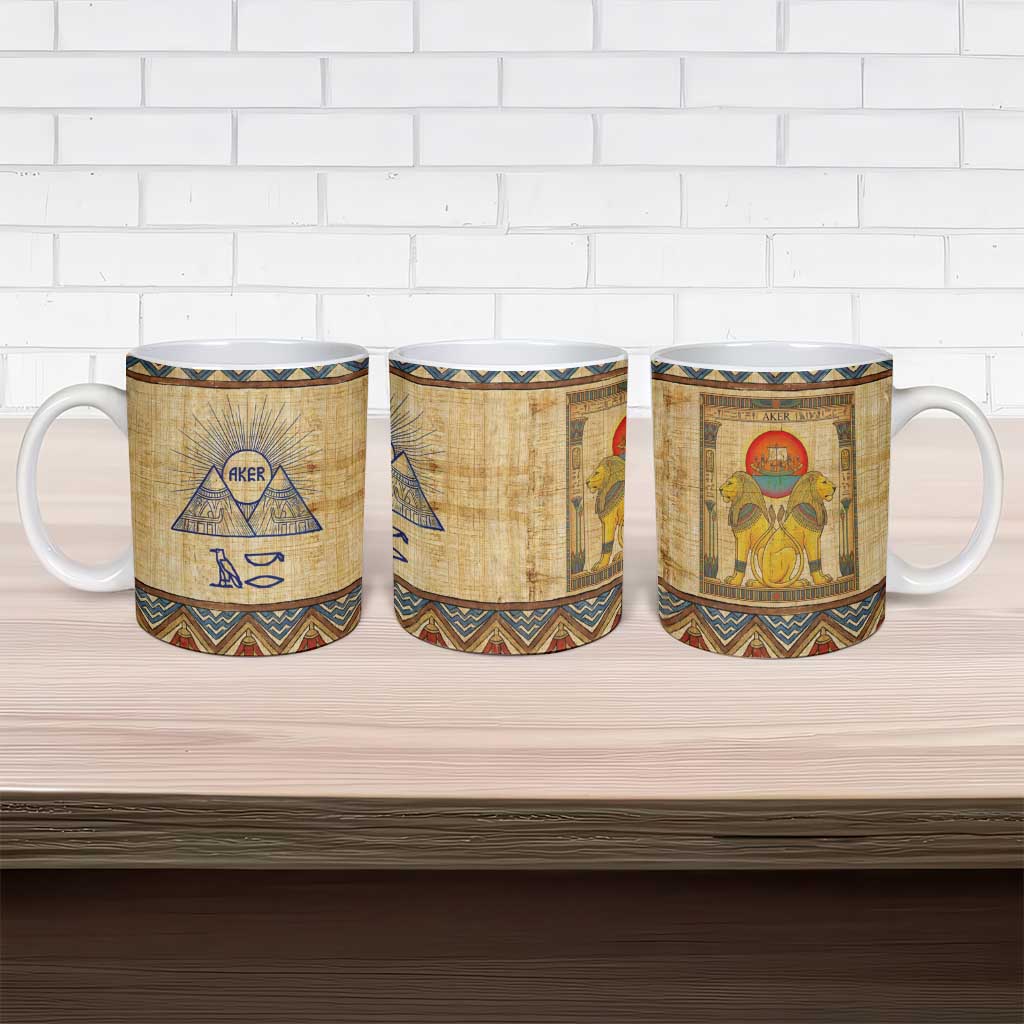 Aker Ancient Egyptian Ceramic Mug with Hieroglyphic Pattern, Pyramid Symbol, and Twin Lion Guardians Motif - African Pride