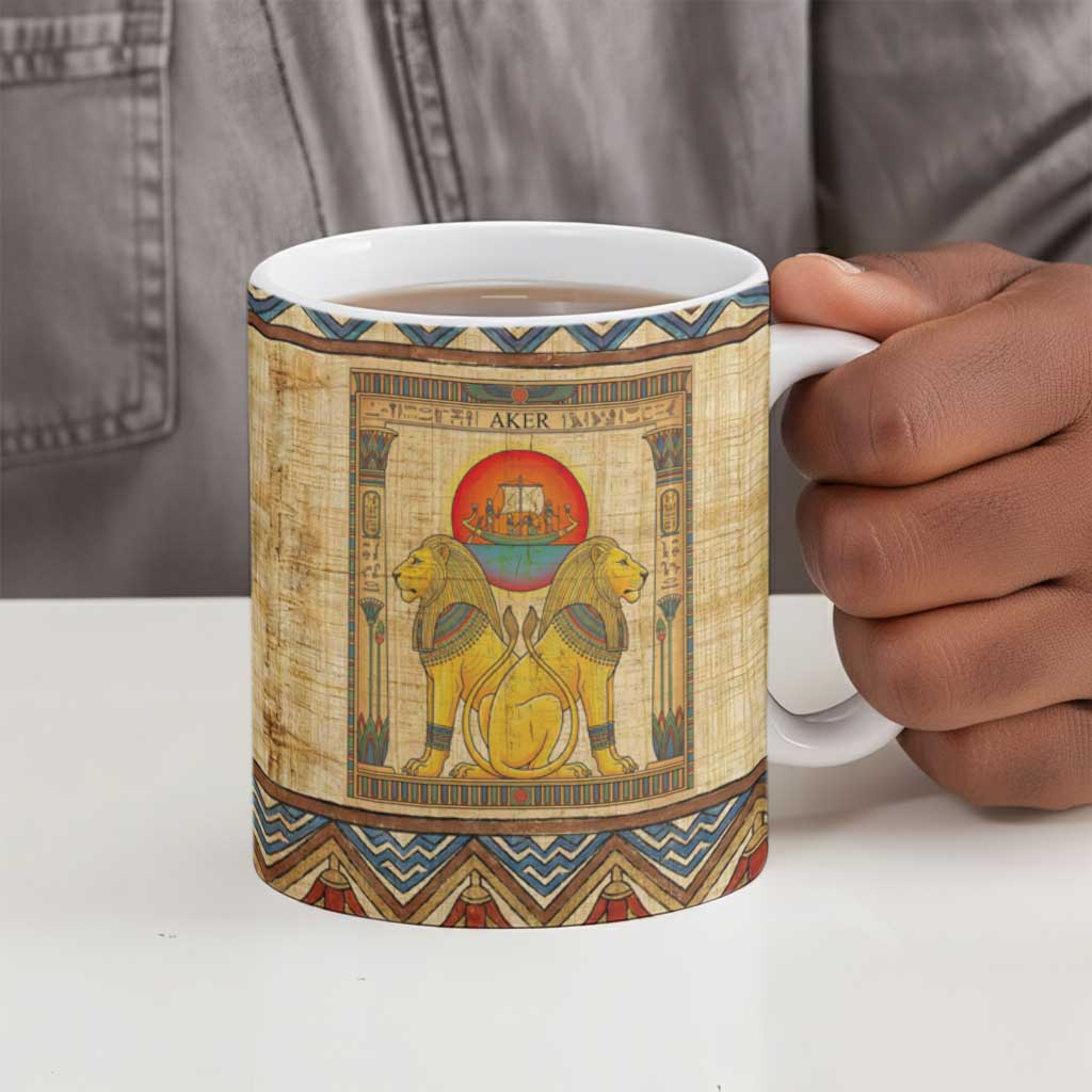 Aker Ancient Egyptian Ceramic Mug with Hieroglyphic Pattern, Pyramid Symbol, and Twin Lion Guardians Motif - African Pride