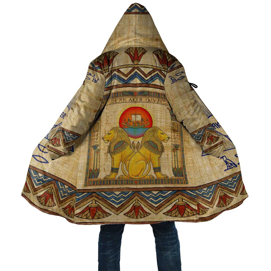 Aker Ancient Egyptian Cloak with Hieroglyphic Pattern, Pyramid Symbol, and Twin Lion Guardians Motif - African Pride