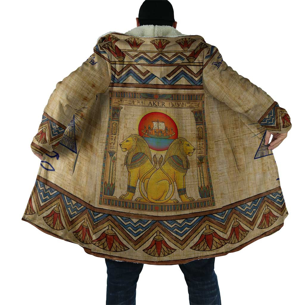 Aker Ancient Egyptian Cloak with Hieroglyphic Pattern, Pyramid Symbol, and Twin Lion Guardians Motif - African Pride