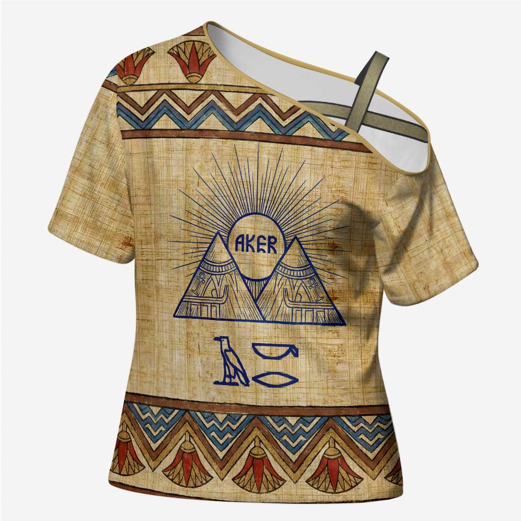 Aker Ancient Egyptian Cross Shoulder Shirt with Hieroglyphic Pattern, Pyramid Symbol, and Twin Lion Guardians Motif - African Pride