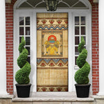 Aker Ancient Egyptian Door Cover with Hieroglyphic Pattern, Pyramid Symbol, and Twin Lion Guardians Motif - African Pride