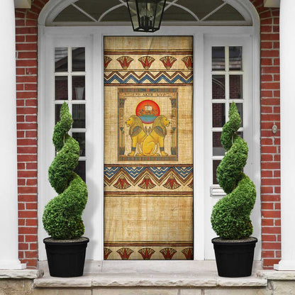 Aker Ancient Egyptian Door Cover with Hieroglyphic Pattern, Pyramid Symbol, and Twin Lion Guardians Motif - African Pride