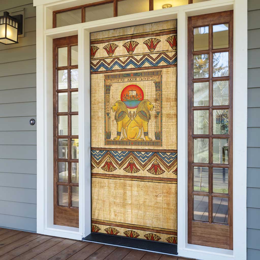Aker Ancient Egyptian Door Cover with Hieroglyphic Pattern, Pyramid Symbol, and Twin Lion Guardians Motif - African Pride