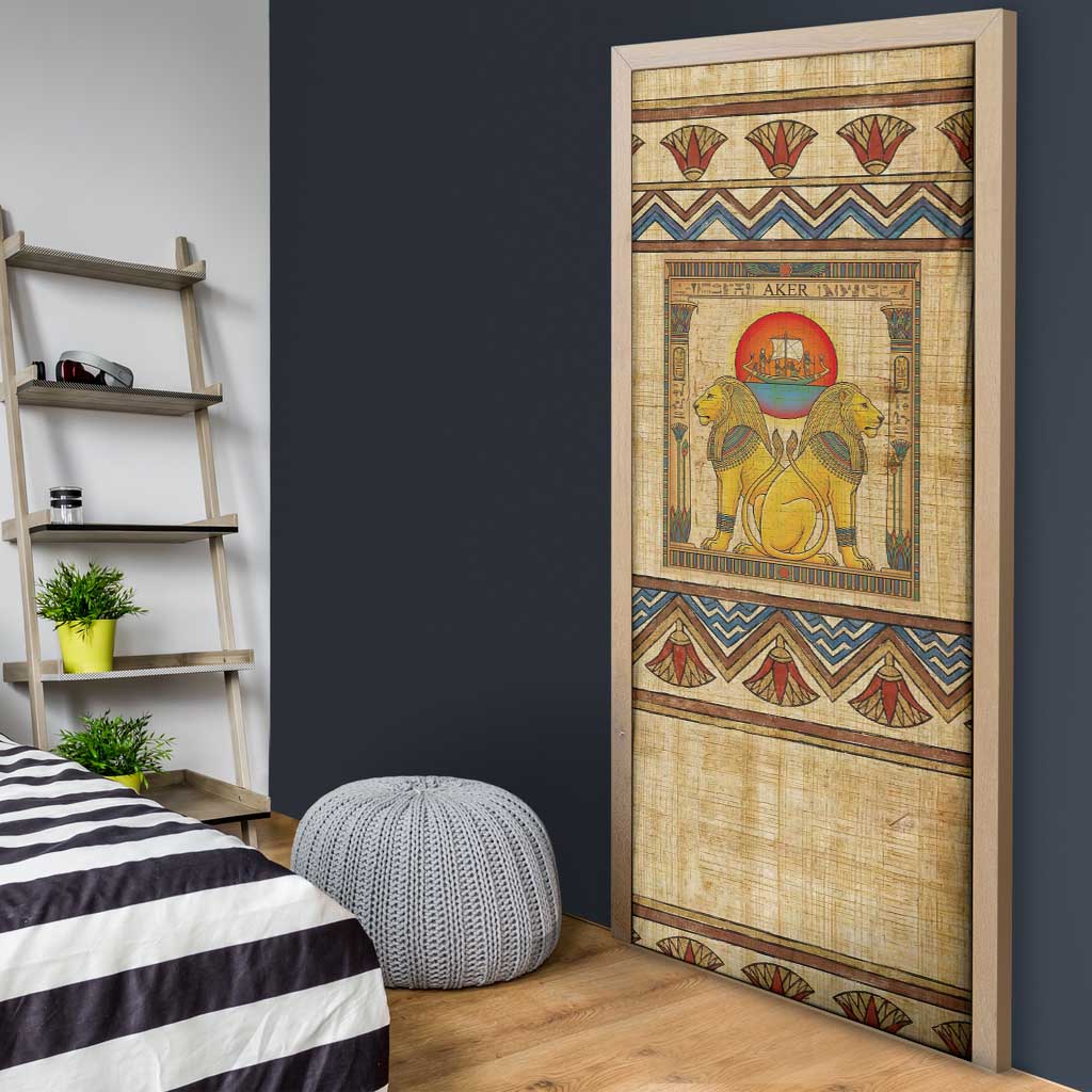Aker Ancient Egyptian Door Cover with Hieroglyphic Pattern, Pyramid Symbol, and Twin Lion Guardians Motif - African Pride