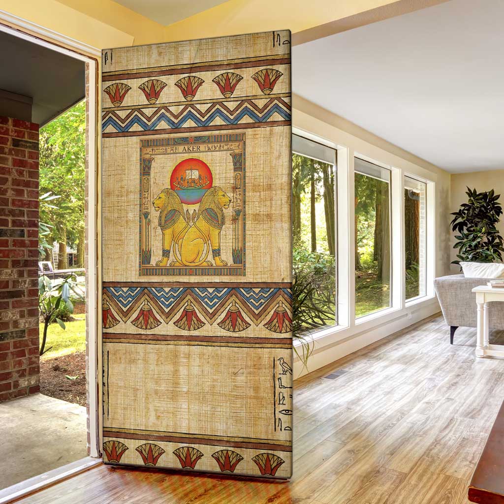Aker Ancient Egyptian Door Cover with Hieroglyphic Pattern, Pyramid Symbol, and Twin Lion Guardians Motif - African Pride