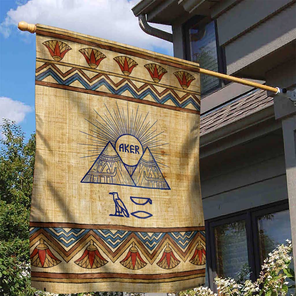 Aker Ancient Egyptian Garden Flag with Hieroglyphic Pattern, Pyramid Symbol, and Twin Lion Guardians Motif - African Pride