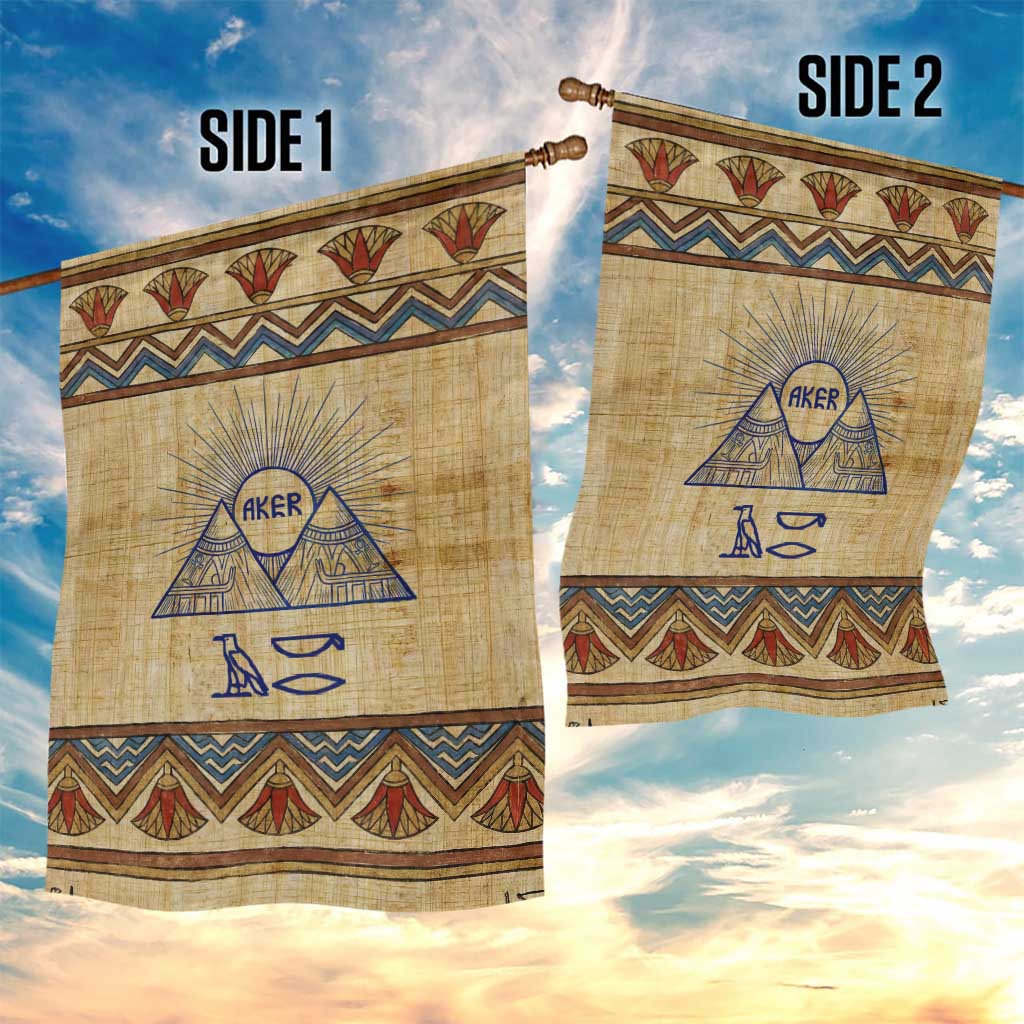 Aker Ancient Egyptian Garden Flag with Hieroglyphic Pattern, Pyramid Symbol, and Twin Lion Guardians Motif - African Pride
