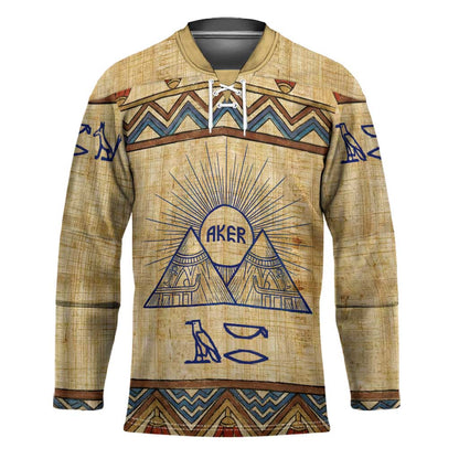 Aker Ancient Egyptian Hockey Jersey with Hieroglyphic Pattern, Pyramid Symbol, and Twin Lion Guardians Motif - African Pride