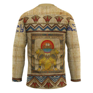 Aker Ancient Egyptian Hockey Jersey with Hieroglyphic Pattern, Pyramid Symbol, and Twin Lion Guardians Motif - African Pride