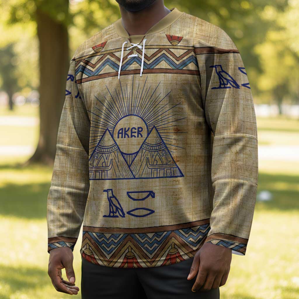 Aker Ancient Egyptian Hockey Jersey with Hieroglyphic Pattern, Pyramid Symbol, and Twin Lion Guardians Motif - African Pride