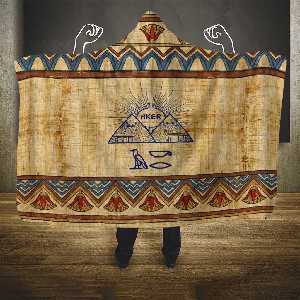 Aker Ancient Egyptian Hooded Blanket with Hieroglyphic Pattern, Pyramid Symbol, and Twin Lion Guardians Motif - African Pride