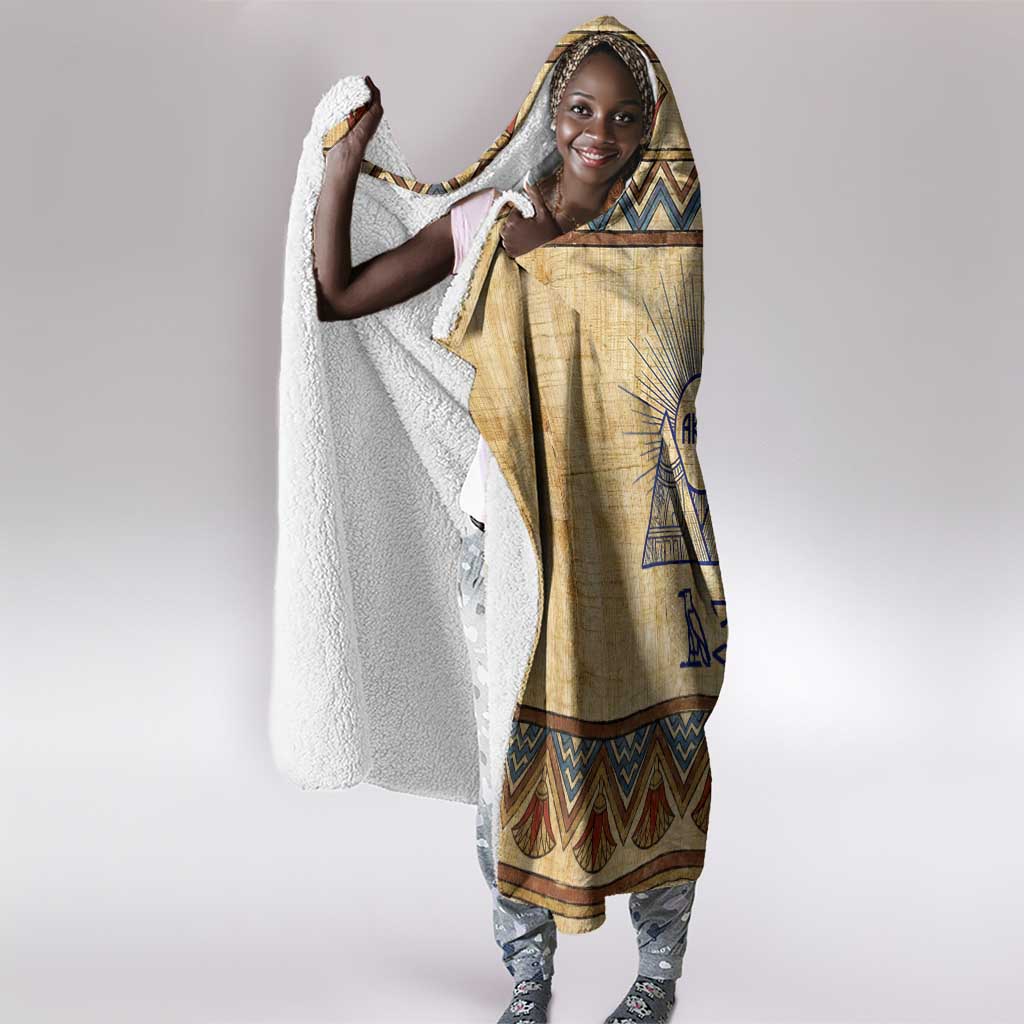Aker Ancient Egyptian Hooded Blanket with Hieroglyphic Pattern, Pyramid Symbol, and Twin Lion Guardians Motif - African Pride