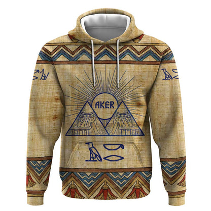 Aker Ancient Egyptian Hoodie with Hieroglyphic Pattern, Pyramid Symbol, and Twin Lion Guardians Motif - African Pride
