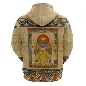 Aker Ancient Egyptian Hoodie with Hieroglyphic Pattern, Pyramid Symbol, and Twin Lion Guardians Motif - African Pride