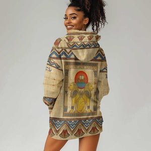 Aker Ancient Egyptian Hoodie Dress with Hieroglyphic Pattern, Pyramid Symbol, and Twin Lion Guardians Motif - African Pride